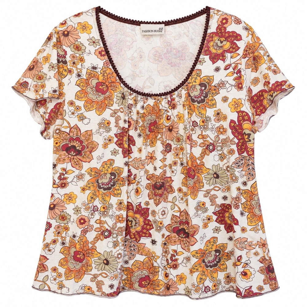Fashion Bug Floral Paisley Top Women 18/20 Orange Excellent Boho Lace Trim